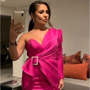 Chiara pink one shoulder draped satin dress with crystals on belt